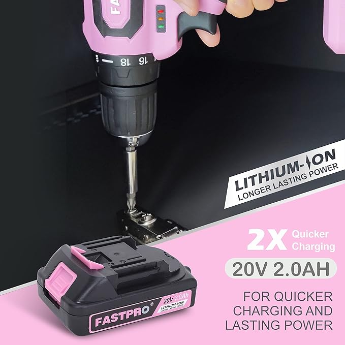 FASTPRO Pink Tool set -220-Piece Lady's Home Repairing Tool Kit & 20V Pink Cordless Lithium-ion Drill Driver