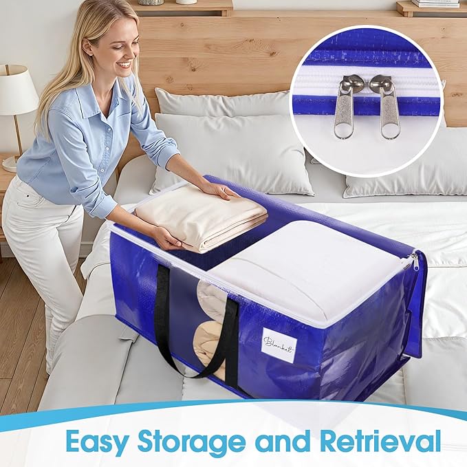 BlissTotes 4 Pack Moving Bags with Clear Window, Storage Bags with Strong Carrying Handles & Zippers,Large Packing Bags for Saving Space, Alternative to Moving Boxes(Blue,33 Gallon)