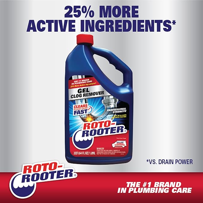 Roto-Rooter Gel Clog Remover Drain Cleaner, Thick Gel Helps Clear Slow Drains and Break Down Hair, Grease and Soap Buildup, Suitable for Pipes, Toilets, Showers and Sinks, 80 oz