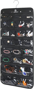 Hanging Jewelry Organizer with 50 Transparent Pockets, 360° Rotating Hanger & Secure Zipper Closure - Foldable Double Sided Jewelry Storage Bag for Earrings, Rings, Necklaces, Bracelets (Black)