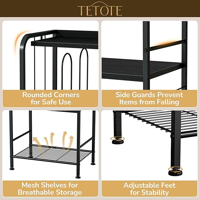 TETOTE 4-Tier Towel Rack for Bathroom M-Shaped Detachable Dividers & Hooks, Free Standing Towel Holder Bathroom Towel Storage Organizer for Pool, Kitchen, Laundry, Black