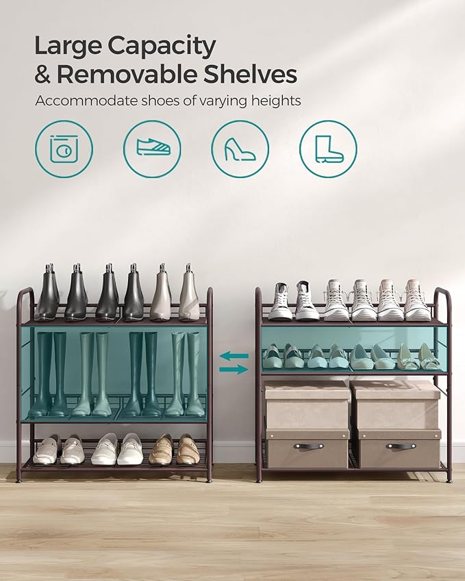 SONGMICS Stackable Shoe Rack, 4 Tier Metal Shoes Rack Storage Shelf, Holds up to 16 Pairs Shoes, Adjustable Slanted Shelves Tower Organizer for Closet Entryway Small Spaces, Bronze