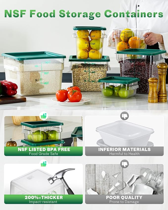 4QT NSF Food Storage Containers: 8 PCS [Food Grade][Hot&Cold Resistant] Commercial Clear Food Storage Containers with Lids for Restaurant Kitchen Proof Dough, Measuring Spoons Included(Green)