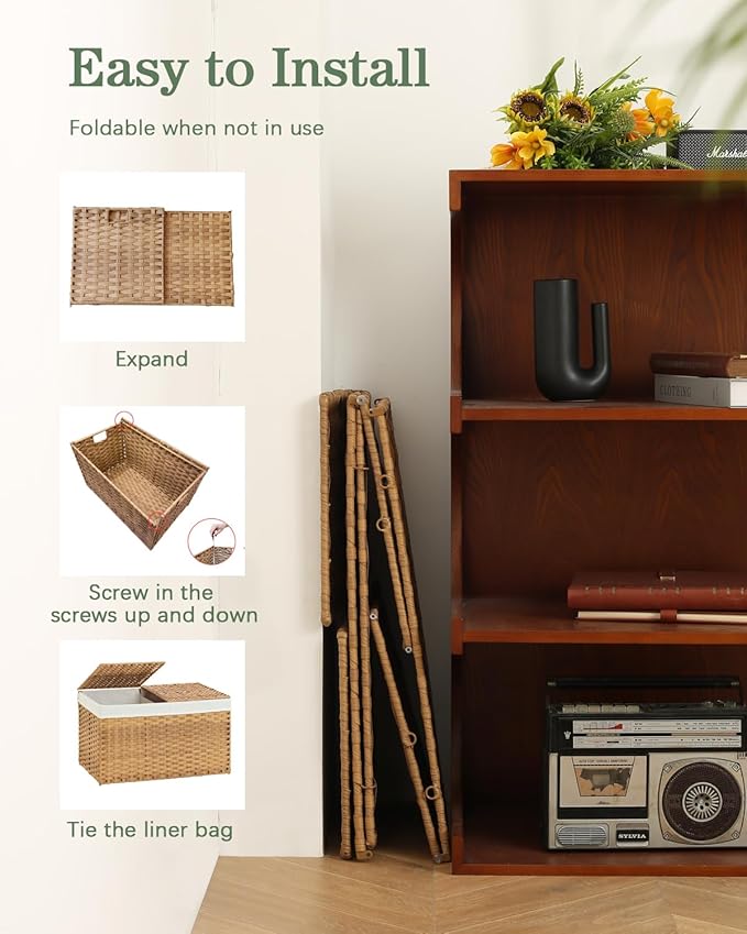Storage Basket with Lid Rattan Storage Basket with 2 Separate Lid, 27.8 Gallon (105 L) 25.2 * 15.4 * 16.1 Inches Woven Wicker Baskets with 2 Liners and Handles for Bedroom Laundry-Natural