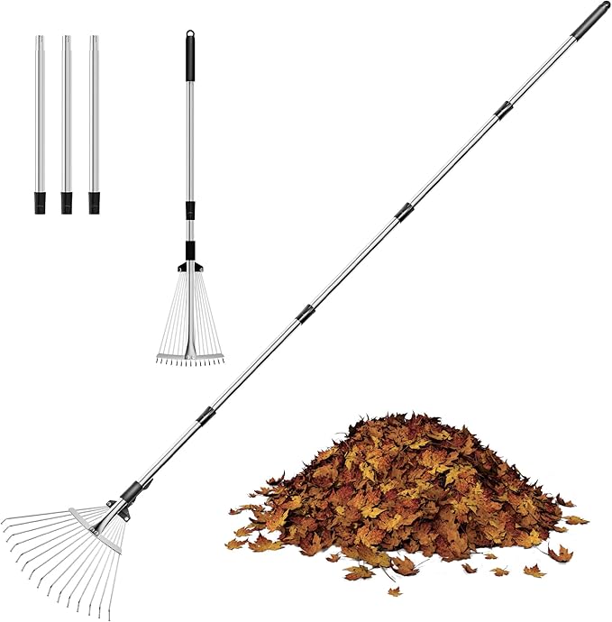 Garden Rake for Leaves, Heavy Duty Metal Adjustable Leaf Rake for Lawns, Length 37"-81", Adjustable Expandable Head 8"-15", Garden Tools for Lawn Garden Yard Flowers Beds Bush