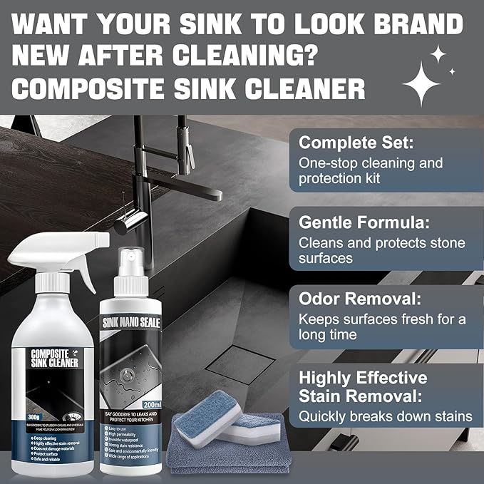Granite Cleaner and Sealer for Granite Ceramic, Natural Stone Sinks, Restores Shine, Waterproof, All-in-One Cleaning Included 300g Granite Cleaner, 200ml Granite Sealer, 2 Sponges & Microfiber Cloth