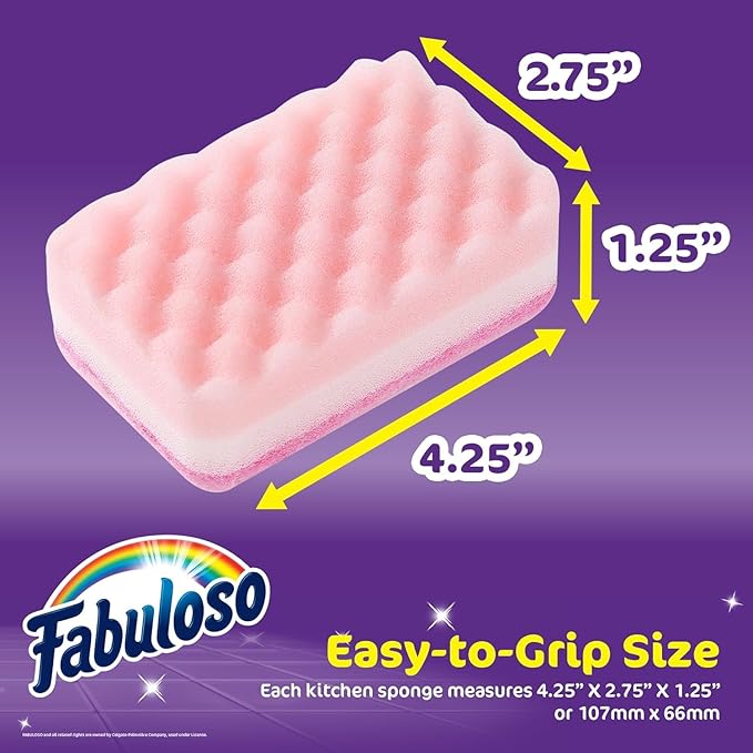 Fabuloso Scratch-Free Kitchen Dish Sponges, Rainbow Cellulose Scrubber Sponge with Scouring Pad for Dishes, Pots, Pans, Counters and Sinks, Tough on Messes, 4.25 x 2.75 x 1.25 in, 6 Count - 2 Pack