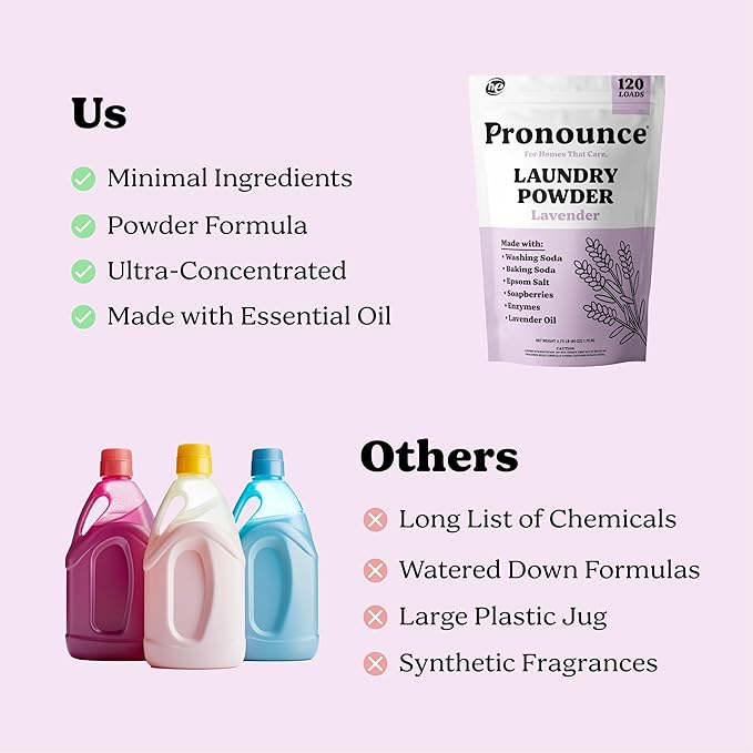 Pronounce Laundry Detergent Powder Alternative | Cleaner Ingredients. Safer for Sensitive Skin. Stain + Smell Fighting. With Essential Oils. HE Safe (Lavender, 120 Loads).