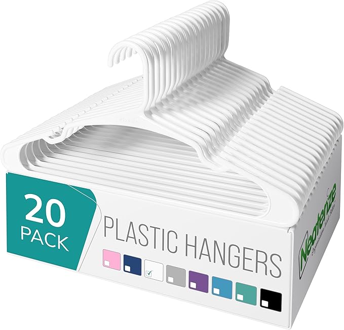 NEATERIZE Clothes Hangers Plastic 20 Pack for Adults - Plastic Hangers, The Perfect Coat Hanger and Space Saving Clothes Hangers for Closet, Percheros Ganchos para Colgar Ropa Hangars - White Hangers