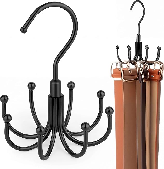 ZEDODIER 4 Pack Belt Organizer for Closet, Heavy-Duty Rotating Belt Hanger Rack Holds Multiple Belts, Hanging Space Saving Metal Belt Holder for Closet Storage, Black