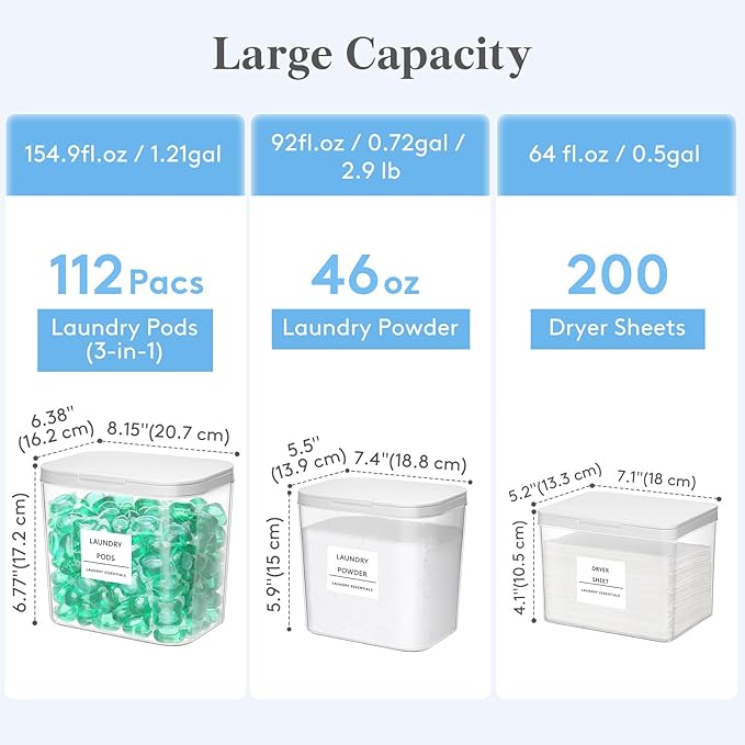 Lifewit Laundry Pods Container with Pop-up Lid, Laundry Room Organization, Dryer Sheet Holder for Washing Powder Scent Booster Beads, 2700 +4500+1800ml/0.5+0.72+1.2gal,4 Pcs
