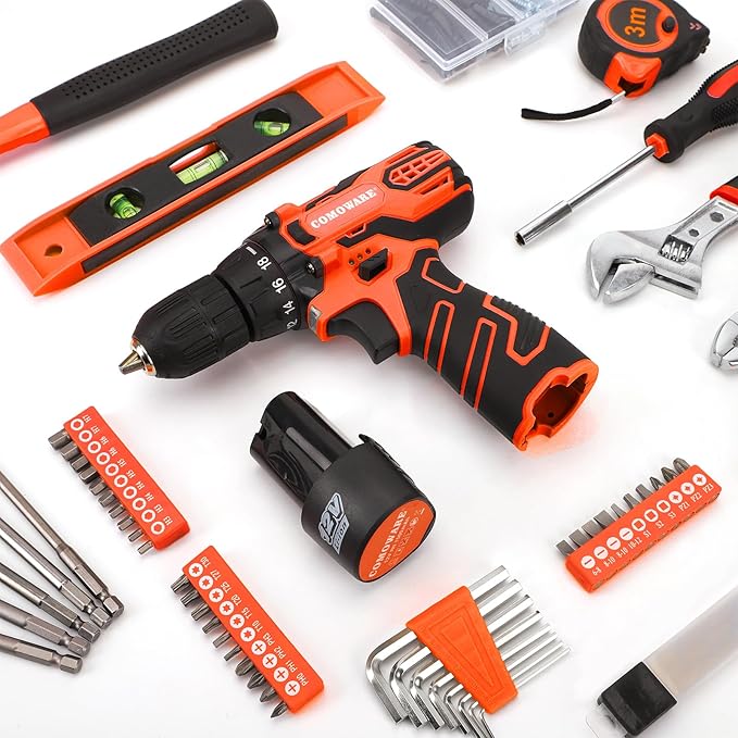 COMOWARE 12V Cordless Drill Set, 169Pcs Hand Tool Set with Cordless Drill Driver, Complete Repair Tool Kit for Men, Storage Bag, Ideal for Office, Garden, Dorm and DIY Project