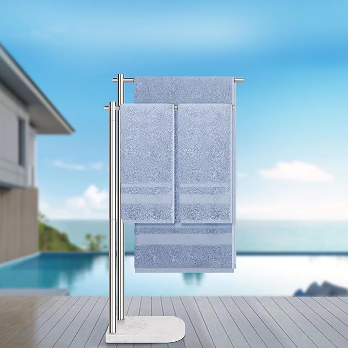 Livabber Standing Towel Rack, 304 Stainless Steel 2-Tier Towel Holder Stand with Marble Base, Modern Stylish Tall Shower Towel Bar for Bathroom Accessories, Pool（Brushed Nickel）