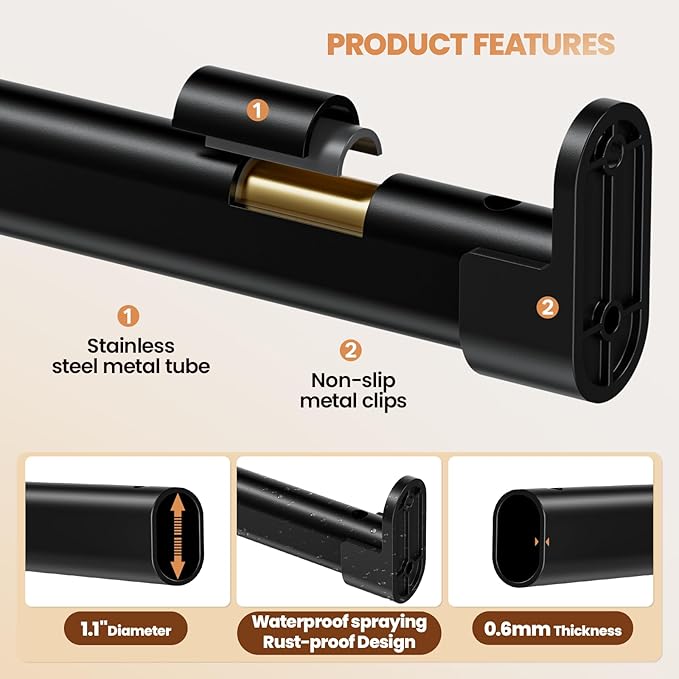 Mavivegue Oval Closet Rod, Closet Rods for Hanging Clothes, Adjustable Closet Rod – Expandable 17 to 40 Inches, Heavy Duty Closet Rods for Laundry Room, RV, Closet Storage (Black)