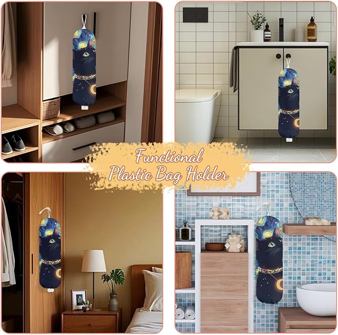 Sky Cat Plastic Bag Holder, Wall Mount Grocery Bag Holder, Plastic Storage bag, Pull Rope Free Adjustment, Plastic Bag Holders for Grocery Bags, Plastic Bag Dispenser for Home Kitchen