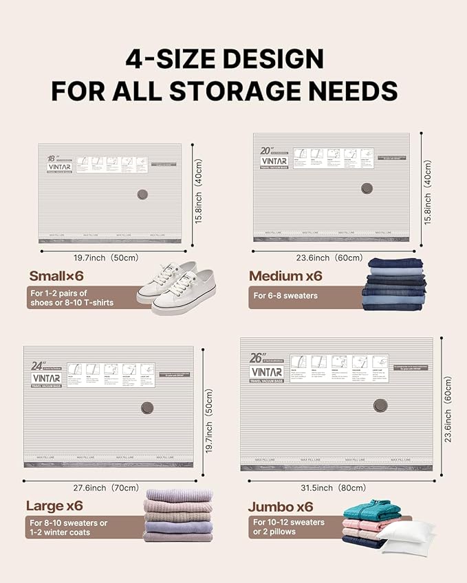 Travel Vacuum Seal Bags for Clothing with Rechargeable Cordless Pump, VINTAR 24 Pack (6J+6L+6M+6S) Carry-on Size Space Saver Vacuum Storage Bags, Compression Packing Bags for Luggage and Suitcase