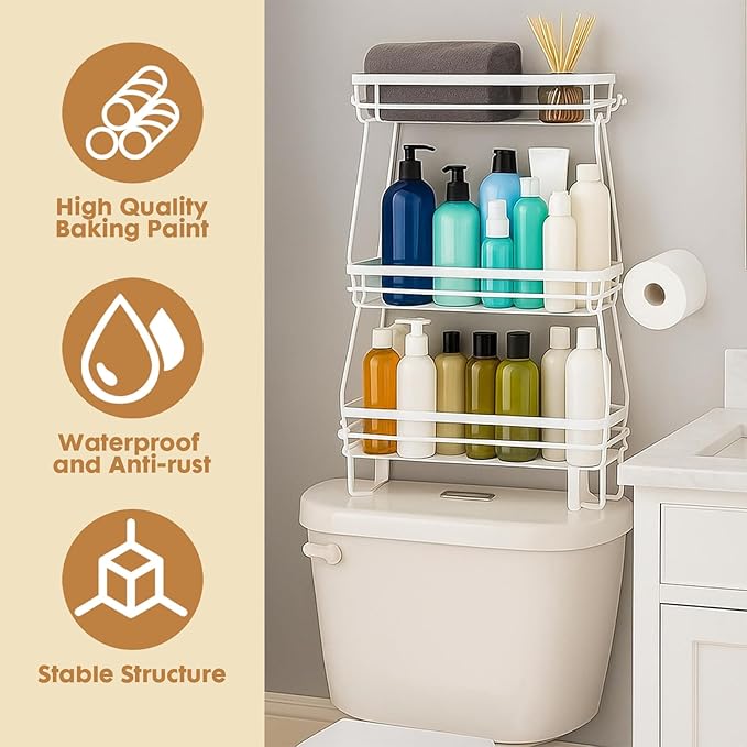 PowerKing Over The Toilet Storage Shelf, 3 Tier Bathroom Organizer Rack, No-Drill, Rust-Resistant Steel, Toilet Paper Holder for Restroom Bathroom, White