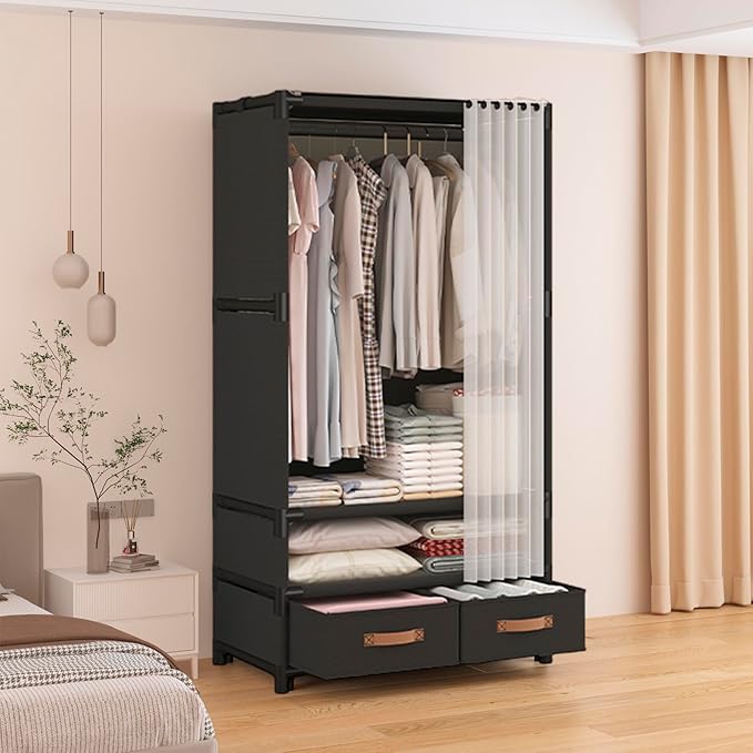 Portable Closet,Portable Closets for Hanging Clothes,Japanese Style Wardrobe Clothing Rack with 2 Drawers,1 Hanging Rods and 2 Storage Shelves,27.5" L x 17.7" W x 65.1" H,Black