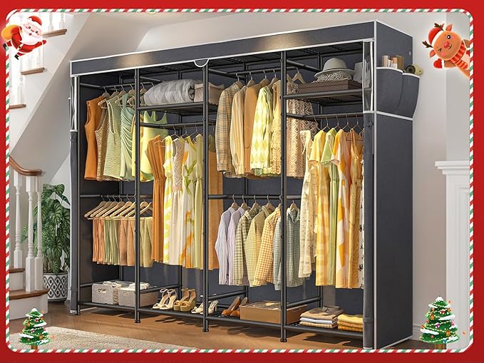 Raybee Clothes Rack with Cover, Heavy Duty Clothing Rack for Hanging Clothes, Adjustable Metal Portable Closet for Bedroom 77.9" W x 15.7" D x 76.8" H Black