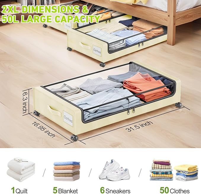 Molutsody Under Bed Storage with Wheels, 2-Pack Underbed Storage Containers with Clear Lids, Under Bed Shoe Storage Organizer, Rolling Under Bed Storage for Clothes Shoes Blankets (Beige)