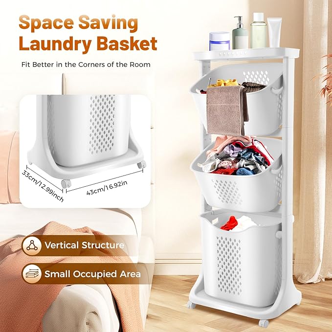 Household Storage Basket, 360° Rolling Movable Laundry Basket,Floor-Standing White Multi-layer Clothes Organizer for Kitchen,living Room and Bathroom (3 Tiers)
