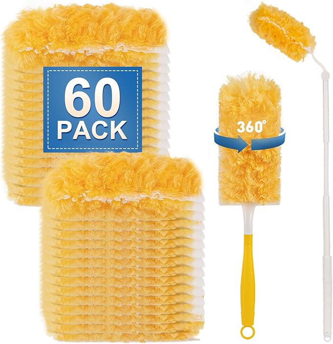 Heavy Duty Duster Refills, Disposable Dusters Kit for Cleaning Dusting Furniture Blind Ceiling Fan, Multi Surface 360 Feather Duster(60)+3FT Extended Handle +1 Handle