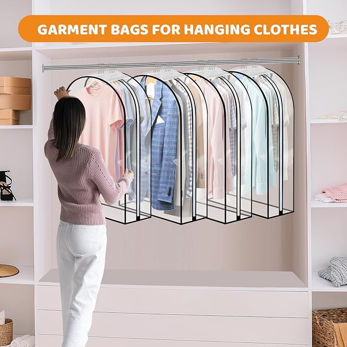 Dntorx 4 Pack Full Clear Garment Bags with Side Zipper, 50" Clothes Covers with 10" Gusset, Transparent Hanging Suit & Coat Covers for Closet Storage, Jackets, Dresses, Windbreakers
