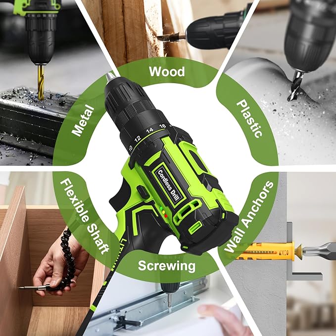 Cordless Drill Set,12V Power Drill Driver 3/8" Keyless Chuck with 92 Acessories, Built-in LED Light, 25+1 Position, Electric Drill for Home DIY Projects (Green)