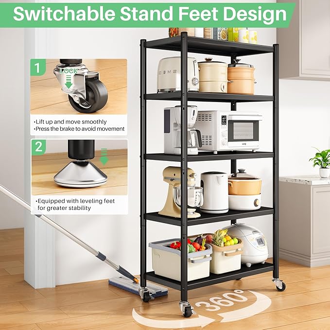 5 Tier Adjustable Storage Shelves, Heavy Duty Metal Storage Rack with Wheels, Shelving Units Utility Shelf for Kitchen, Pantry, Bathroom, Garage, Office Organization and Storage, Black, 13"x24"x59.7"