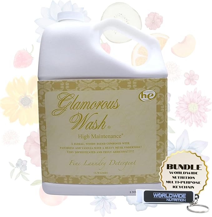 Worldwide Nutrition Bundle Compatible with Tyler Candle Company Glamorous Wash High Maintenance Scent Fine Laundry Liquid Detergent - Hand and Machine Washable - 1 Gal (3.78 L) Container with Keychain