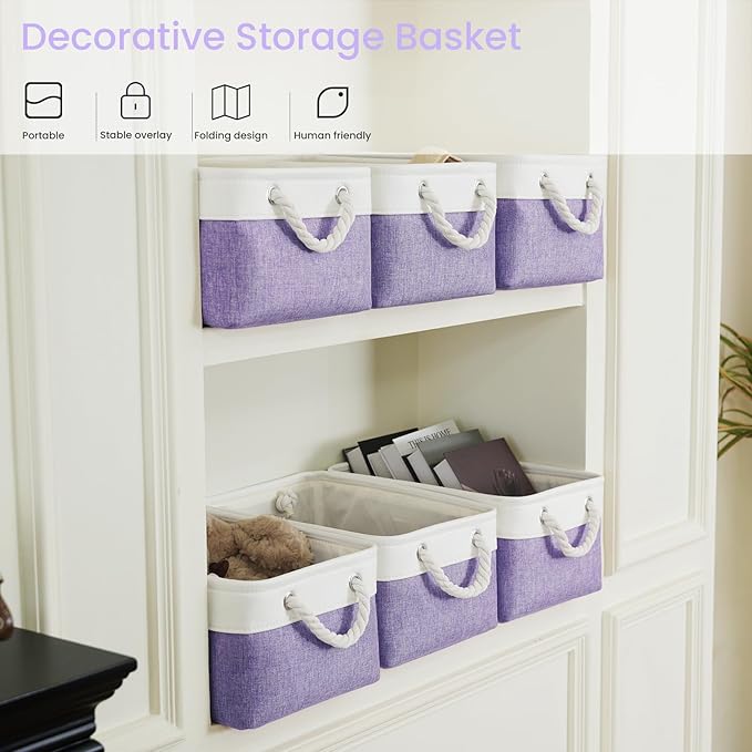 Storage Baskets for Shelves 13.8x9.8x6.7 Inch-Foldable Fabric Organizing Storage Bins with Handles, Closet & Bathroom Organizer, Home Storage for Kitchen, Office (6-Pack, White&Purple)