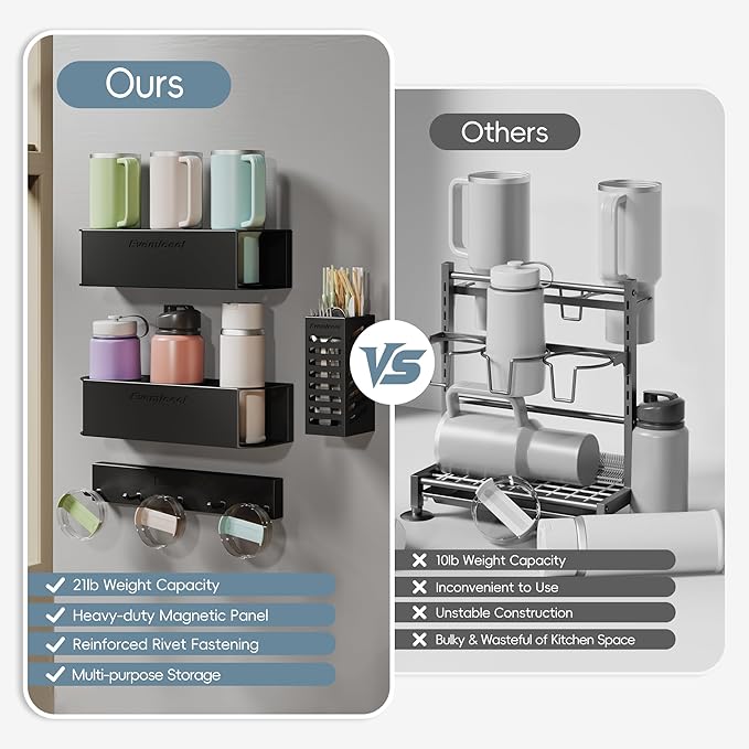 Magnetic Cup Holder for Fridge for 20/30/40 oz Stanley Tumblers Water Bottle Holders & Lid Hook Organizers 2 Pack with Straw Accessories Storage (6 Cups, 10 Hooks)