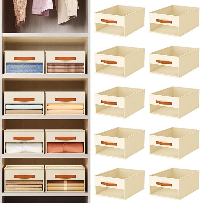 Homsorout Drawer Organizers and Storage - 10 Pack Foldable Pants Organizer with Clear Window & Handles, Fabric Closet Organizer for Clothes, Jeans, Sweaters, Towels, T-shirt, Scarf (Beige)