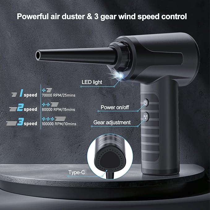 Electric Compressed Air Duster Air Can Duster for Computer Rechargable Air Blower for Car PC 100000RPM Mini Blower Cordless with Led Light Handheld Blower Keyboard Cleaner, Ink Black