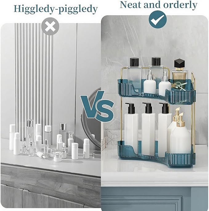 INVSSENE Corner Bathroom Countertop Organizer, Vanity Organizer Trays for Counter, Makeup Organizers, Perfume Tray, Skincare Shelf Storage Gifts for Women Girl Student (Blue, 2 Tiers)
