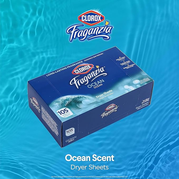 Clorox Fraganzia Fabric Softener Dryer Sheets, Wrinkle Reducing and Anti Static Laundry Dryer Sheets for Great Smelling Clothes, Softens Fabrics, Fresh Ocean Scent, 105 Count - 6 Pack