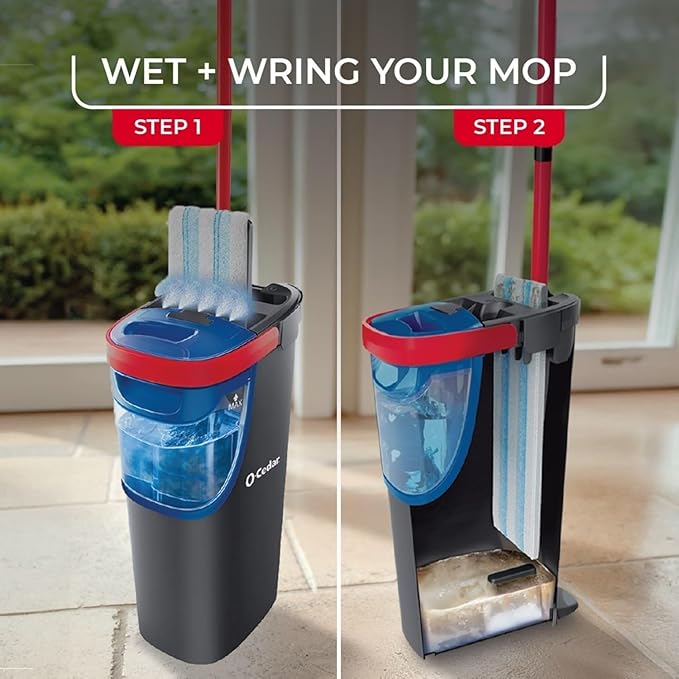 O-Cedar H2prO Flat Mop System with 2 Mop Head Refills | Quick Cleaning Tool | Clean with Clean Water | Machine Washable Reusable Microfiber Mop Pad | Safe on Wood Floors, Vinyl,Tile, Baseboards, Walls