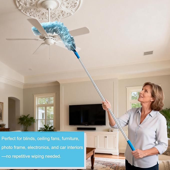 100 Inch Extended Handle Duster Heavy Duty Dusting 360° Duster Refills Kit, Microfibers Multi-Surface Dusters. Efficient Duster Kit for Cleaning Pet Hair, Home, Office, Blinds, Furniture (Blue)