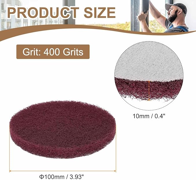 HARFINGTON 6pcs Scrubber Scouring Pads 400 Grits 4 Inch Drill Power Brush Hoop and Loop Surface Conditioning Disc Drill Scuffing Disc Scrub Pads for Home Kitchen Cleaning, Red
