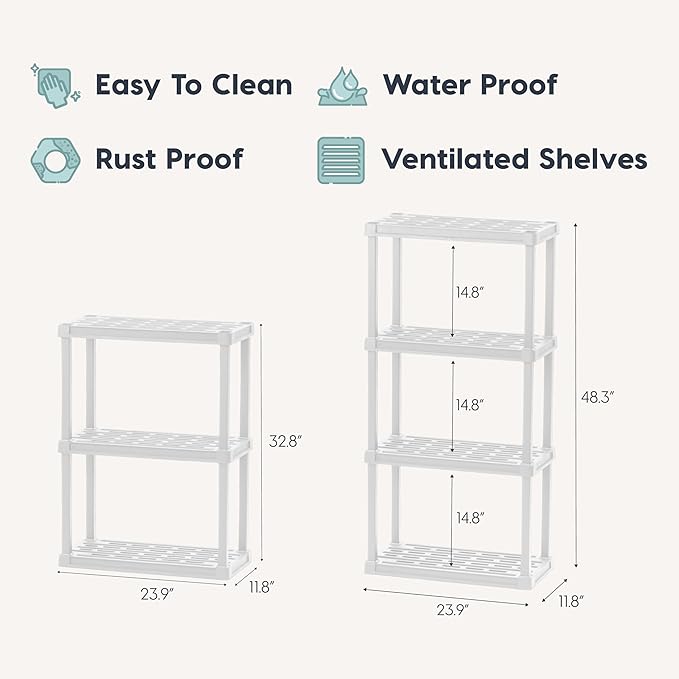 IRIS USA 3-Shelf Light Duty Plastic Storage Shelves, 150lb Capacity, 33" H x 24" W x 12" D, Medium Modular Shelving Unit Storage Organizer for Bathroom, Laundry, Garage & Home, Storage Rack - White