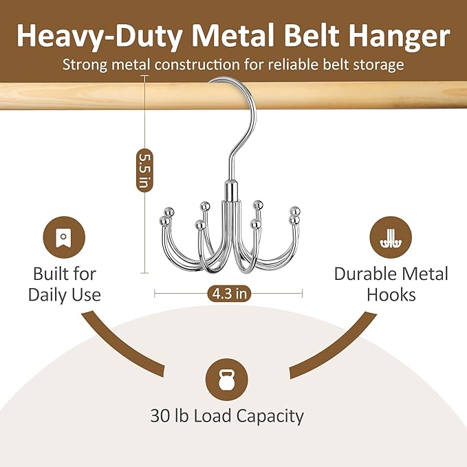 ZEDODIER Belt Organizer for Closet, Heavy-Duty Rotating Belt Hanger Rack Holds up to 24 Belts, Hanging Space Saving Metal Belt Holder for Closet Storage, Silver