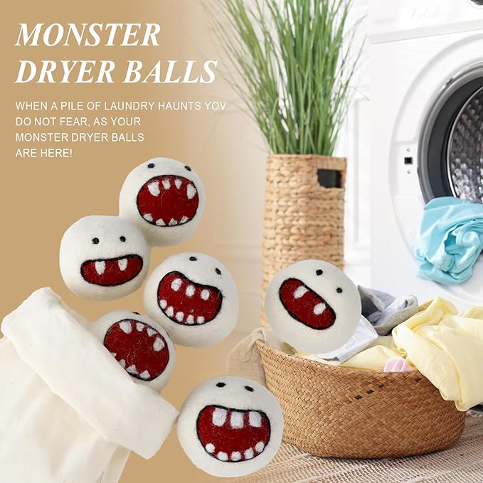Soulchen 6 Pack Reusable Wool Dryer Balls with Cute Design, Laundry Accessories for Efficient Drying Soften Laundry Reduce Wrinkles Static Pet Hair Remover(Monster)