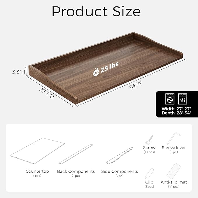 OAKHAM HOME Washer Dryer Countertop 54" W x 27.5"D Washer Dryer Topper with Non-Slip Pads Laundry Countertop for Laundry Room Organization and Storage, Walnut