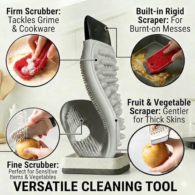 3-in-1 Silicone Dish Sponge - BPA-Free Food-Grade Cleaning Brush with Dual-Sided Scrubber & Scraper, Hanging Hole Fast-Dry Reusable for Dishes/Fruits/Vegetables (Grey 1PCS)