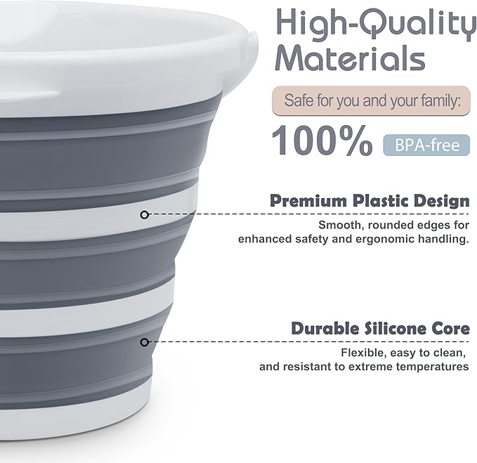2 Pack Collapsible Bucket, 2.6 Gallon (10L) - Foldable Mop Bucket for House Cleaning, Car Washing, Camping - Portable Water Pail for Outdoor, RV, Travel (Grey, Round)
