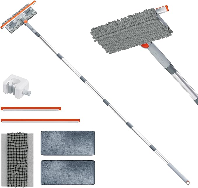 6.4FT Extendable 2-in-1 Window Washing Kit with Long Handle, 180° Rotatable Head & No-Drill Storage Holder, Streak-Free Window Squeegee for High Windows, Glass, Shower, and Car Windshield Cleaning
