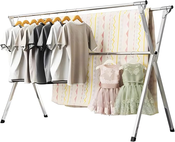 URYAN 79 Inches Stainless Steel Clothes Drying Rack, Heavy Duty Laundry Drying Rack Folding Indoor Outdoor, Portable Drying Rack Clothing, Free-Standing Laundry Stand with 20 Windproof Hooks