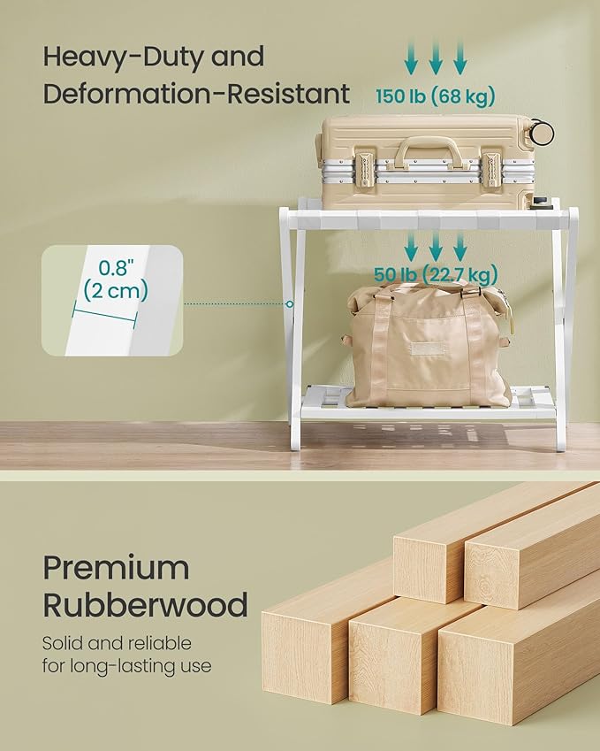 SONGMICS Solid Wood Luggage Rack, No Assembly Required, Foldable Suitcase Stand, Luggage Holder, with Storage Shelf, for Guest Room, Hotel, Bedroom, Cloud White URLR020W02