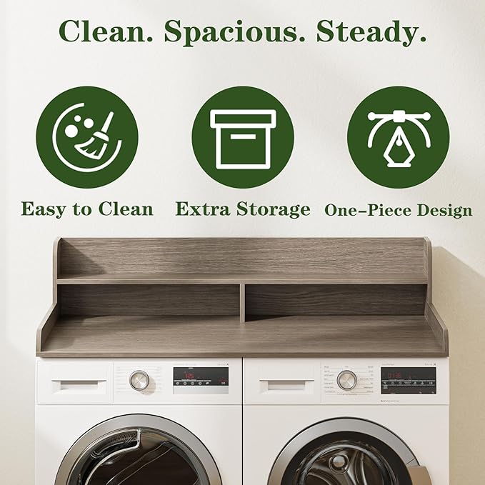 2-Tier Washer Dryer Countertop, Laundry Room Organization and Storage, 27.6" x 54" Wood Laundry Countertop for Washer and Dryer, Gray