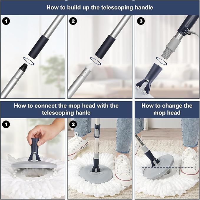 Spin Mop and Bucket System with180-Degree Rotating Head Telescopic Handle Dual Chamber Bucket Floor Cleaning Set with 3 Mop Refills Dual-Function Wringing Hand-Press and Foot-Pedal